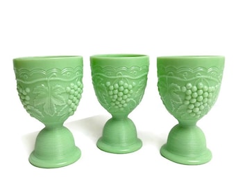 L.E. Smith 1990s Green Jadeite Egg Cup Milk Glass Embossed Grapes Vintage Repro
