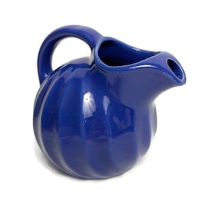 Shawnee Pottery Vintage Valencia Swirl Water Pitcher With Ice Lip Blue Ceramic Ball Art Deco 1930s
