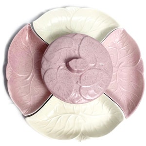 California Pottery Pink White MCM Chip And Dip Set Serving Bowls Vintage Mid Century Serveware
