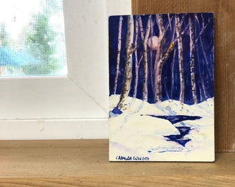 ACEO Original Watercolor Landscape Painting Moonlit Birch Trees After a Snow in Blue and Yellow Purple and White Trading Card