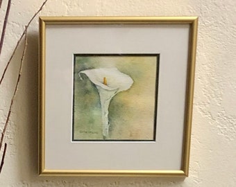 Original Watercolor Calla Lily Painting in Greens Yellows Earthtones and White Framed