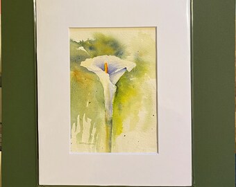 Watercolor Original "Spring Calla Lily" in Greens and White on paper