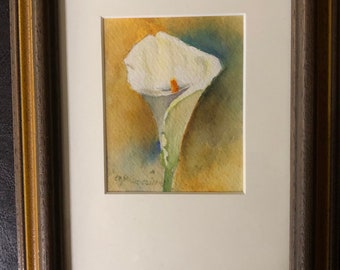 Watercolor original Calla Lily in Autumn-Yellow Green Orange Blue and White Single Bloom in Wood Frame