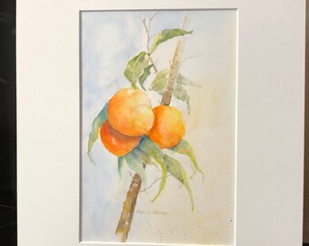 Original Watercolor "My Brother's Peach Tree"  Orange, Green -Matted