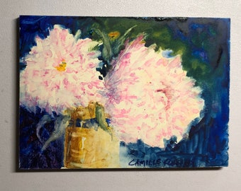 ACEO Original Watercolor Peonies Flowers Light Pink in Crock Trading Card