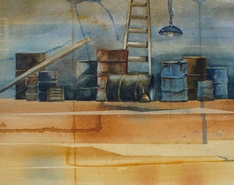 Original Watercolor Painting - "The Garage" Barrels Ladders in Blue and Burnt Orange Industrial Art Rustic Decor Mancave Decor