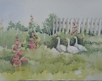 Original Watercolor Painting  A Walk in the Garden with Geese a Fence and Hollyhocks