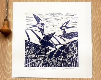 Swallows Linocut Print: Handmade Bird Art