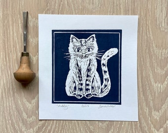 Cat Print | Cat Lino Print | Thank You Gift | Birthday Gift | Cat Lovers Card |  Lino Print | Hand Printed Card