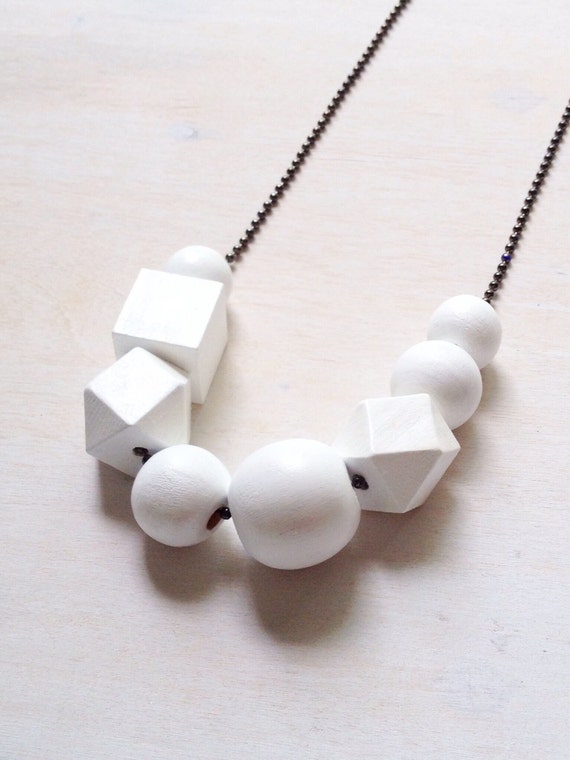 Items similar to white geometric beaded necklace on gunmetal ball chain ...