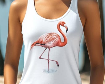 Camiseta sin mangas con estampado de flamencos y fauna costera: Camiseta de playa con estampado de aves costeras