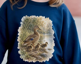 Kids Mallard Duck Sweatshirt with Ducklings, Watercolor Wildlife Crewneck, Bird Lover Gift for Kids