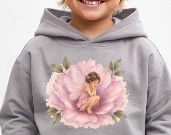 May include: A grey hooded sweatshirt featuring a central graphic print of a small fairy with wings sitting inside a large, light pink peony flower with green leaves. The hoodie has long sleeves, a front pocket, and a hood with a drawstring-free neckline.