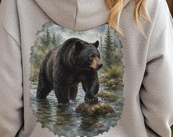 Black Bear Illustration Hoodie | Forest Wildlife Nature Scene