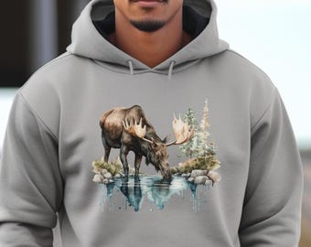 Watercolor Moose Hoodie, Woodland Wildlife Pullover, Nature Lover Gift