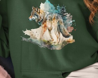 Watercolor Wolf Hoodie, Woodland Wildlife Pullover, Nature Lover Gift