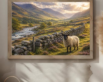 May include: A framed landscape print featuring a white sheep with a black face standing in a grassy field next to a stone wall. A flowing stream runs through a valley between rolling mountains under a bright, sunlit sky with soft clouds.