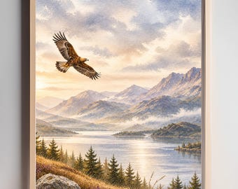 May include: A framed wall art print featuring a landscape painting of a golden eagle soaring over a serene lake surrounded by mountains and pine trees at sunrise. The scene includes soft clouds, golden light reflecting on the water, and a rocky foreground.