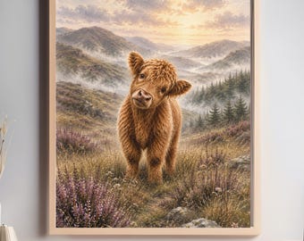 May include: A framed wall art print featuring a fluffy brown Highland calf standing in a grassy field with purple heather. The background shows misty rolling hills, evergreen trees, and a soft sunrise sky with clouds in a light wooden frame.