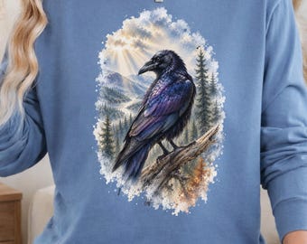 Watercolor Raven Long Sleeve Shirt | Woodland Bird Shirt | Wildlife Bird Tee | Forest Bird Art