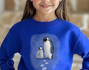 May include: A vibrant royal blue long-sleeve sweatshirt featuring a central graphic illustration of an adult penguin standing next to a small chick on a light blue background with white footprints leading toward the pair of birds.