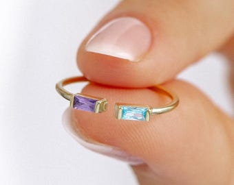Double Baguette Custom Birthstone Ring, Minimalist Stacking Ring, Mom’s Ring, Birthday Gift for Her, Holiday Jewelry Gift, Christmas Gift