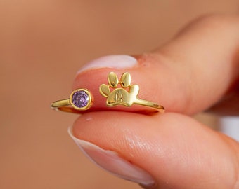 Custom Engraved Paw Birthstone Ring, Gift for Pet Lovers, Initial and Birthstone Ring, Christmas Gift for Mom, Pet Remembrance, Gift for Her