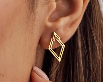 Geometric Gold Stud Earrings, Open Rhombus Studs, Minimalist Modern Earrings Gift for Women