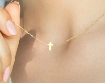 14K Solid Gold Cross Necklace - Dainty Minimalist Religious Jewelry - Mother's Day Gift
