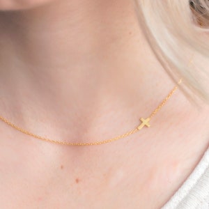 Sideways Cross Necklace, Mother's Day Gift, Dainty Necklace, Side Cross Necklace, Gold Cross Necklace, Christmas Gift, Gift for Her image 2