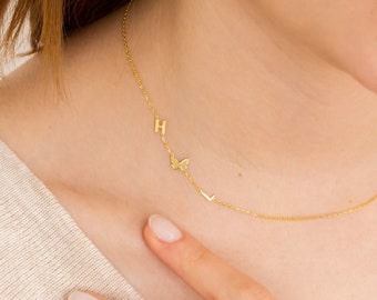 14K Solid GOLD seitlich Halskette, Benutzerdefinierte Initial Halskette, Geschenk für sie, Brief Halskette, Weihnachtsgeschenk, Geburtstagsgeschenk, Muttertagsgeschenk