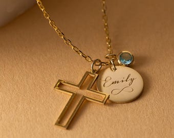 Cross Necklace with Birthstone and Engraved Disc, Personalized Faith Necklace in Sterling Silver, Gold Plated, Rose Gold Plated