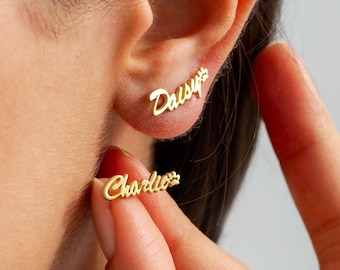 Custom Sterling Silver Name Earrings with Pawprint, Pet Lover Gift