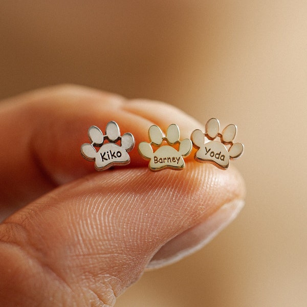 Pendientes con nombre grabado, pendientes con huella de pata, pendientes personalizados, regalo para amantes de las mascotas, pendientes conmemorativos de mascotas, regalo para ella