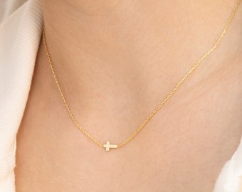Sterling Silver Sideways Cross Necklace, Dainty Horizontal Cross