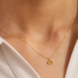 May include: A gold chain necklace with a small, delicate pendant in the shape of the Cancer zodiac sign.