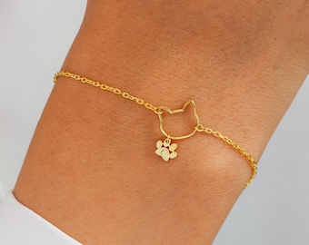 Cat Face with Engraved Paw Print Bracelet, Gift for Cat Mom, Gift for Pet Lovers, Birthday Gift, Paw Initial Bracelet, Mother's Day Gift