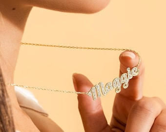 Custom Pave Name Necklace, CZ diamond Stone Letters Pendant in 925 Solid Sterling Silver, Gold, Rose Gold