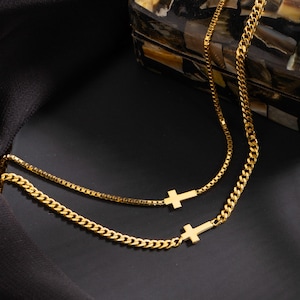 Sideways Cross Necklace with Curb Chain and Box Chain, Faithful Gift, Mother's Day Gift, Cross Pendant with Thicker Chain, Gift for Her