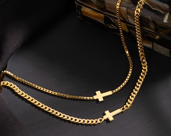 Sterling Silver Sideways Cross Necklace, Curb or Box Chain