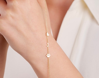 14K Solid Gold Paw Print Bracelet, Pet Initial Charm