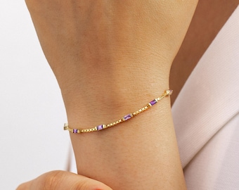 Baguette Birthstone Bracelet with Box Chain, Gift for Grandma, Baguette Bracelet with Grandkids' Stones, Personalized Christmas Gift for Mom