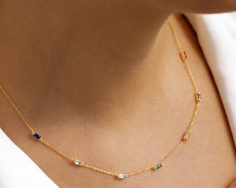Custom Baguette Birthstone Necklace, Birthstone Jewelry, Christmas Gift for Mom, Family Necklace, Mother's Necklace with Kid's Birthstones