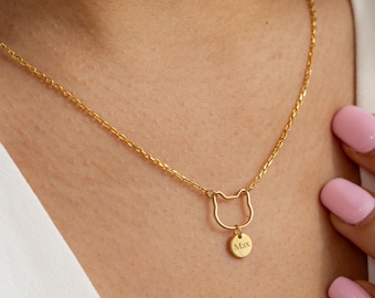 Sterlingzilveren ketting kat gezicht, gegraveerde naamschijf huisdier, cadeau kat moeder