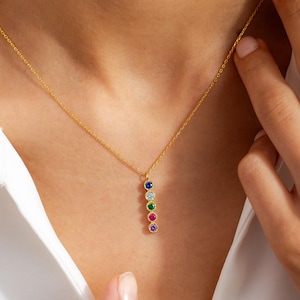 Custom Vertical Birthstone Necklace, Family Birthstone Pendant, Christmas Gift for Mom, Gift for Grandma, Multiple Birthstone Jewelry