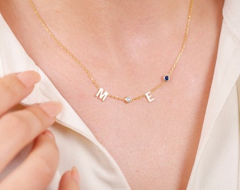 14K Solid GOLD Birthstone Letter Necklace, Personalized Birthstone Initial Necklace, Birthstone Letter Necklace for Mother, Gift for Mom