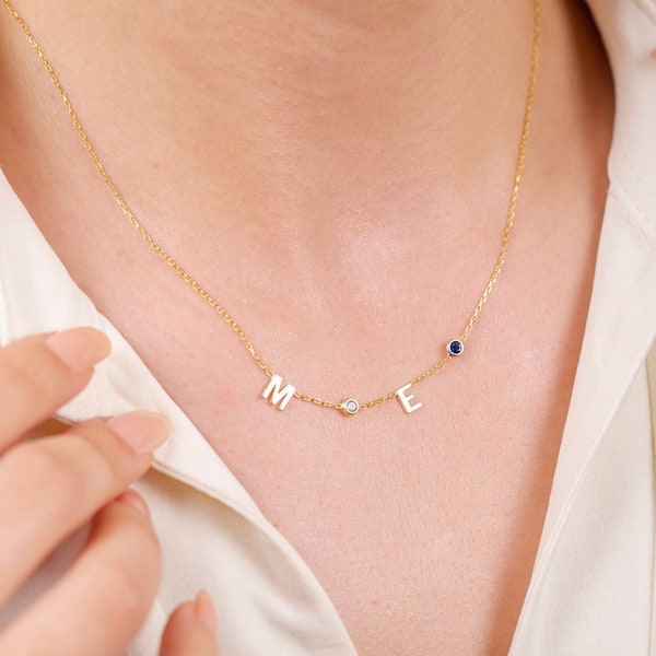 14K Solid GOLD Birthstone Letter Necklace, Personalized Birthstone Initial Necklace, Birthstone Letter Necklace for Mother, Gift for Mom