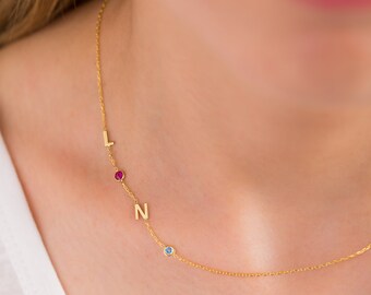 Sideways Initial Necklace Birthstone 