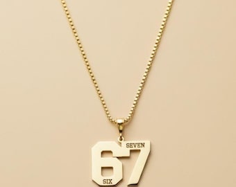 Engraved 67 Charm Necklace with Box Chain, Trendy Number Jewelry, Sports Number Pendant in 925 Solid Sterling Silver, Gold, Rose Gold