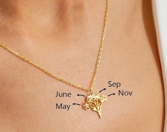 Collar con ramo de flores de nacimiento de plata de ley, colgante personalizado de árbol genealógico